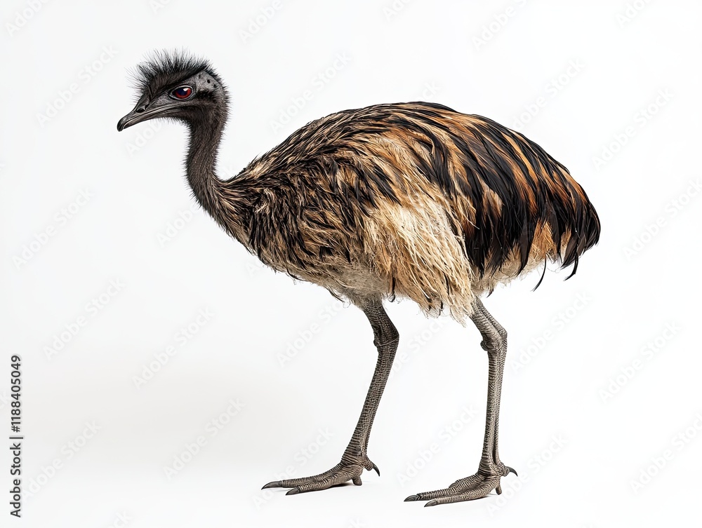 Fototapeta premium Young rhea standing, white background, wildlife photography, educational use.