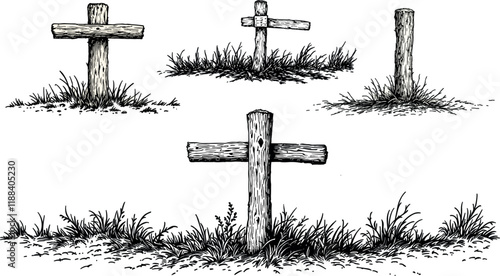 Vector set of wooden fence in vintage engraving-style hand-drawn illustration, line work