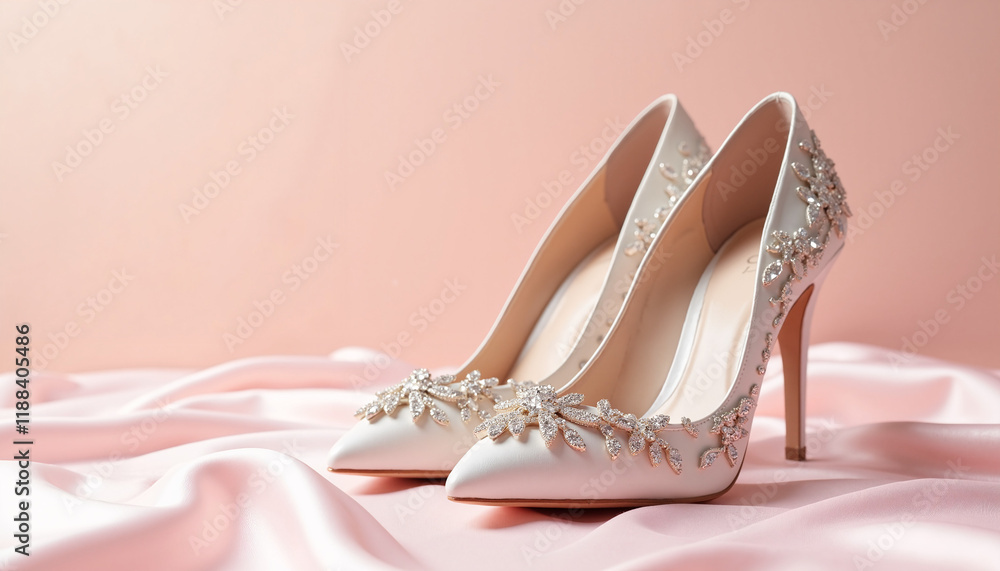 Naklejka premium Elegant bridal shoes on soft pink satin background