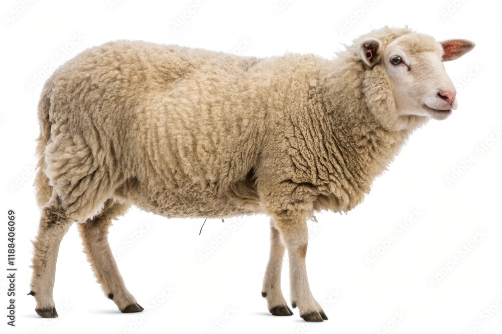 Fototapeta premium Woolly Sheep Side View on White Background for Agricultural and Farming Purposes