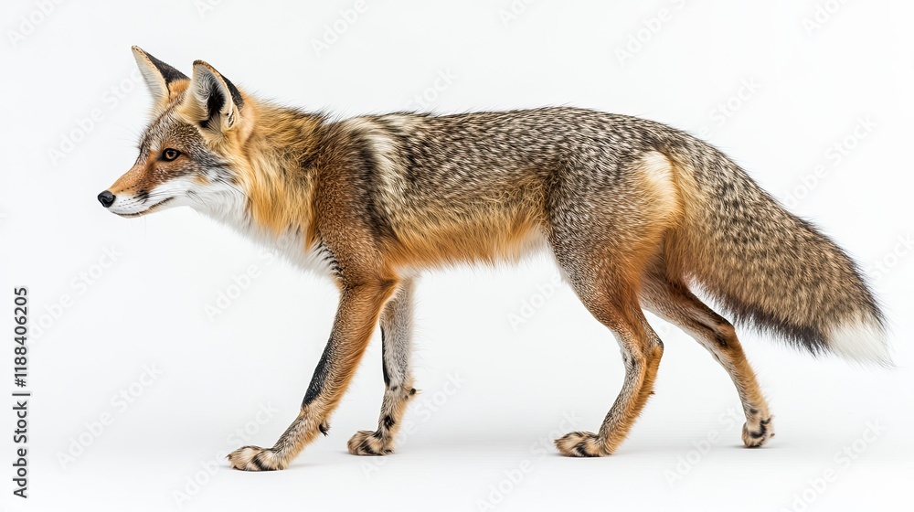 Fototapeta premium Swift fox walking, studio shot, white background, wildlife.