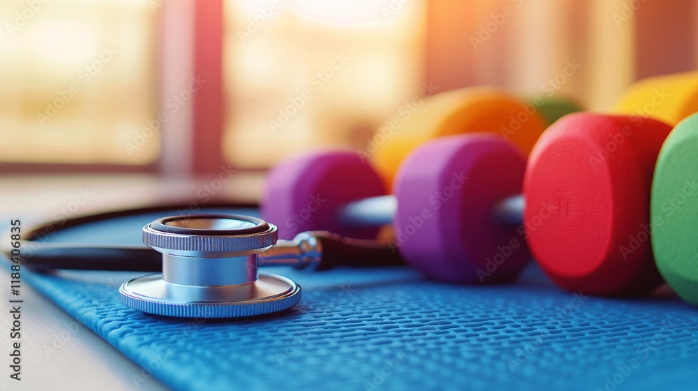 Stethoscope and Dumbbells on Exercise Mat for Health and Fitness Stethoscope and Dumbbells on Exercise Mat for Health and Fitness