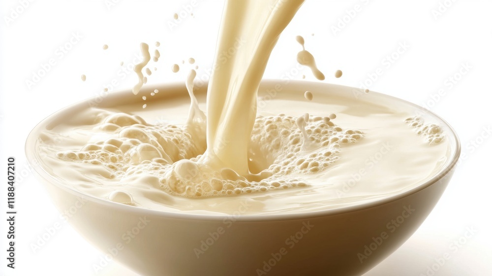 Creamy Milk Splashing into a White Bowl with Soft Background Creamy Milk Splashing into a White Bowl with Soft Background