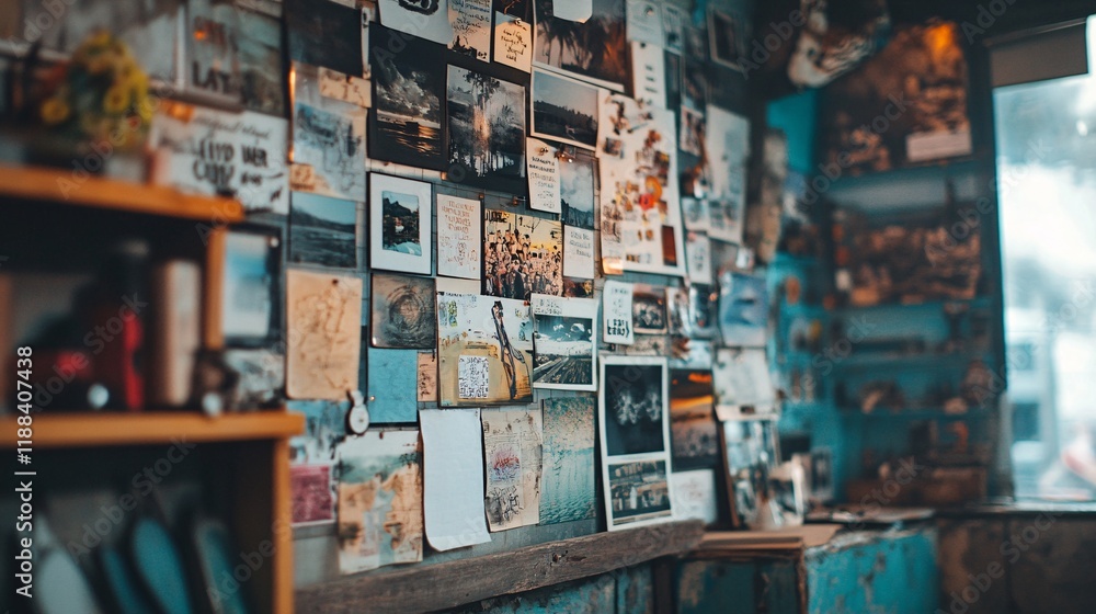 Fototapeta premium Vintage Collage of Photographs and Postcards on a Wall