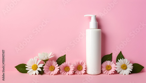 a bottle of lotion surrounded by flowers on a pink background photo