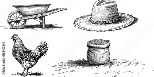 Hand drawn vintage engraving-style line work illustration farm tools and chicken vector
