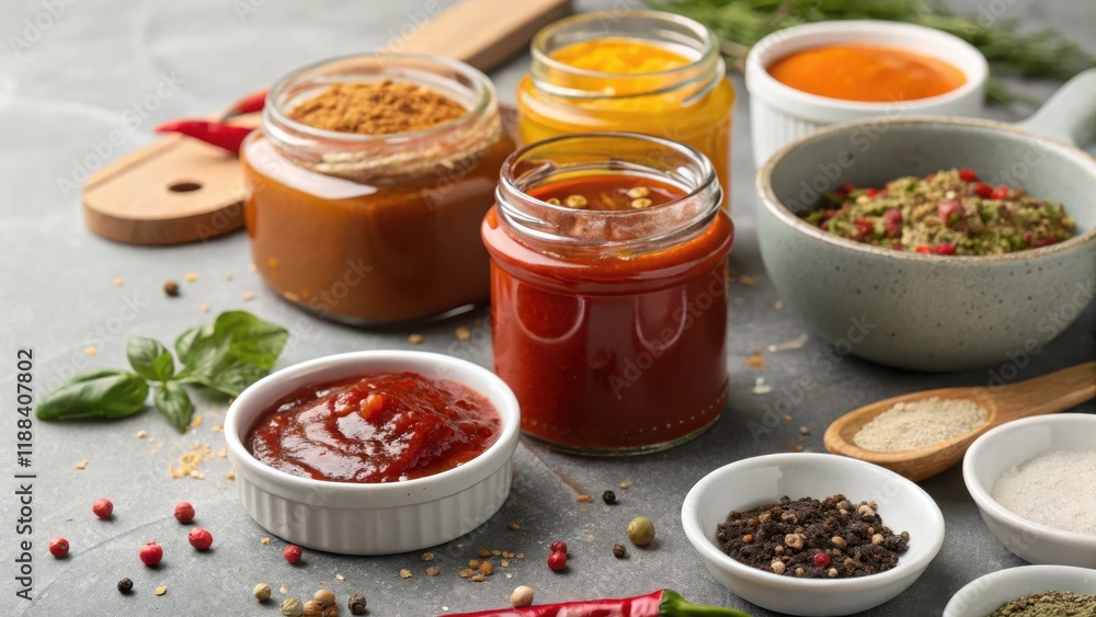 Assorted Sauces, Spices, and Fresh Ingredients on a Kitchen Counter for Culinary Inspiration Assorted Sauces, Spices, and Fresh Ingredients on a Kitchen Counter for Culinary Inspiration