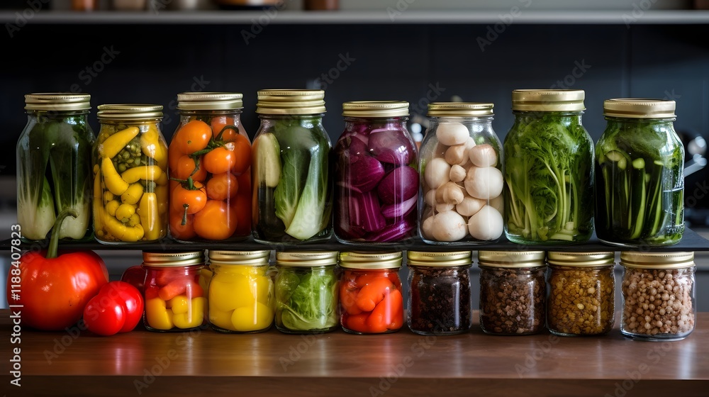 Variety of Fresh Vegetables Arranged in Transparent Glass Jars for Pickling or Preserving on a Rustic Kitchen Countertop Healthy Homemade Food Concept Variety of Fresh Vegetables Arranged in Transparent Glass Jars for Pickling or Preserving on a Rustic Kitchen Countertop Healthy Homemade Food Concept