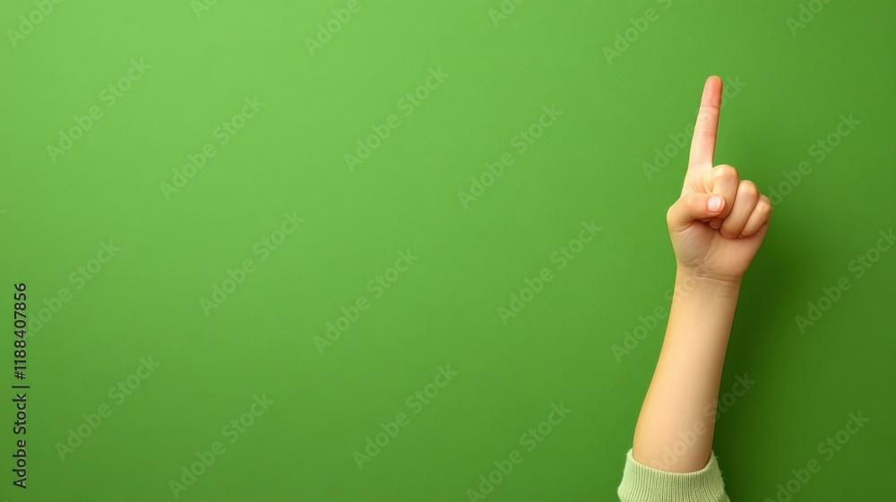 Hand of child pointing up against a green background
