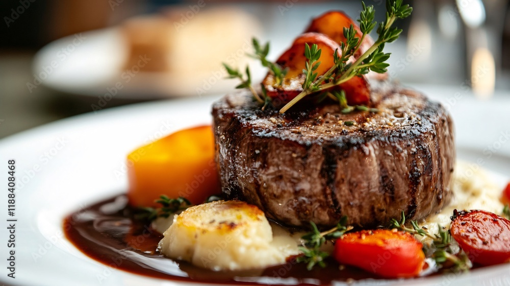 Gourmet Beef Fillet with Vegetables and Rich Sauce on Elegant Plate Gourmet Beef Fillet with Vegetables and Rich Sauce on Elegant Plate