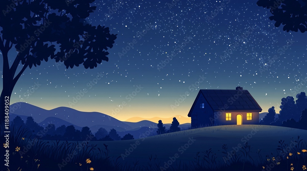 Fototapeta premium Cozy Cottage Under a Starry Night Sky with Mountains in Background