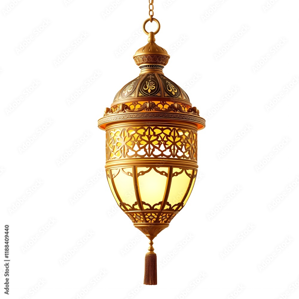 Elegant Golden Ramadan Lantern with Intricate Arabic Calligraphy and Floral Design Elegant Golden Ramadan Lantern with Intricate Arabic Calligraphy and Floral Design