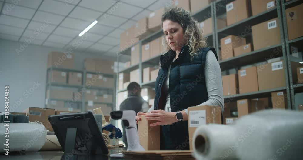 Warehouse Clerk Computer Female Warehouse Clerk Packs Cardboard Box with Online Order, Scans ...