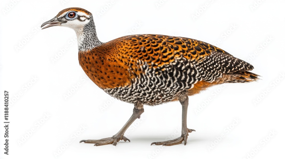 Colorful Bird with Spotted Plumage Walking on White Background Colorful Bird with Spotted Plumage Walking on White Background