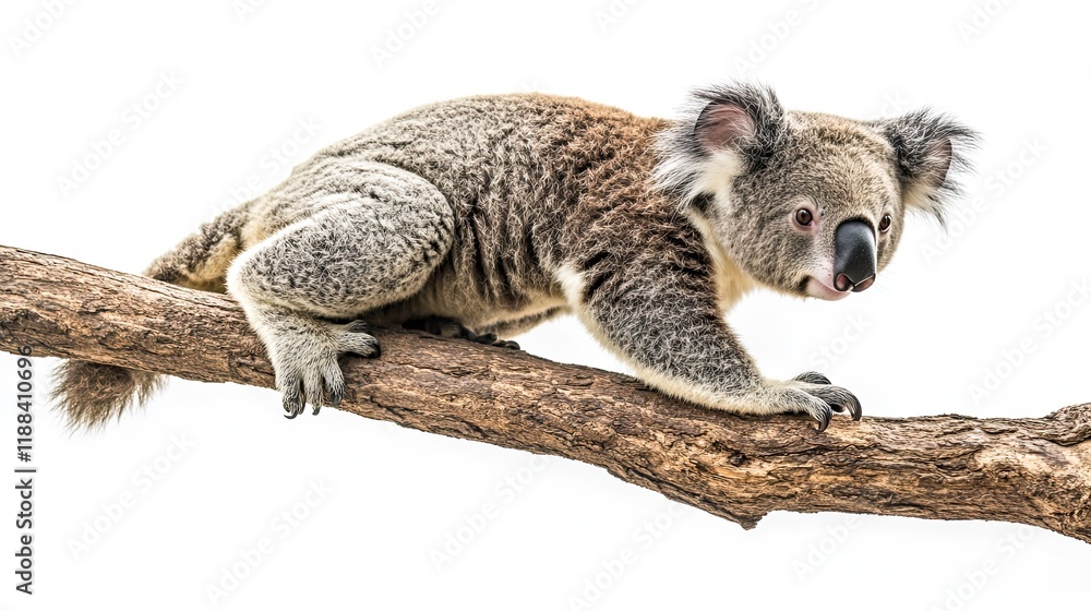 Obraz premium Koala climbing tree branch, isolated white background, wildlife photography for nature documentaries.