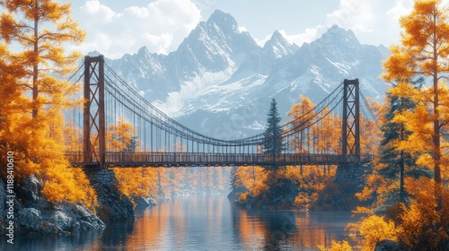 Suspension bridge over river amidst autumn trees and snowy mountains. photo