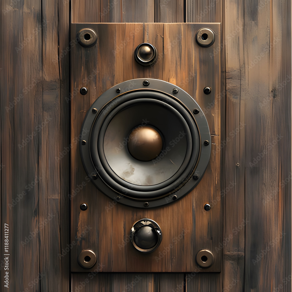 Classic wooden speaker mounted on a rustic wall, showcasing a timeless design and sound quality. Generative AI Classic wooden speaker mounted on a rustic wall, showcasing a timeless design and sound quality. Generative AI