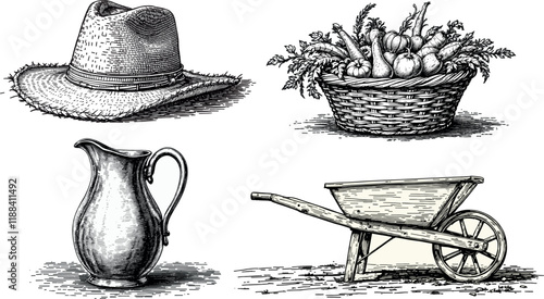 Hand drawn vintage engraving style line work illustration of farm tools and produce vector