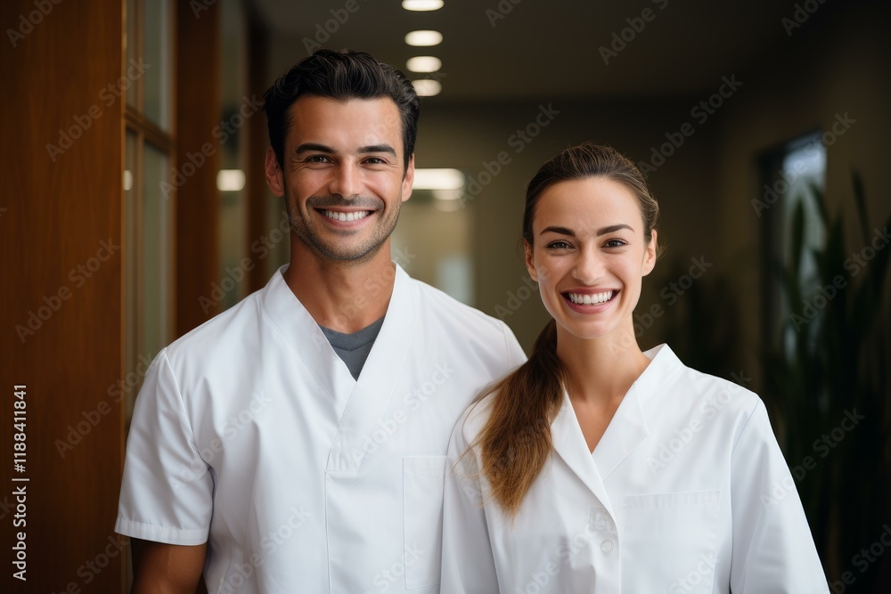 Portrait of two happy healthcare professionals standing in a modern hospital corridor Portrait of two happy healthcare professionals standing in a modern hospital corridor