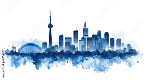 Blue Watercolor Skyline Illustration of Toronto City Landscape