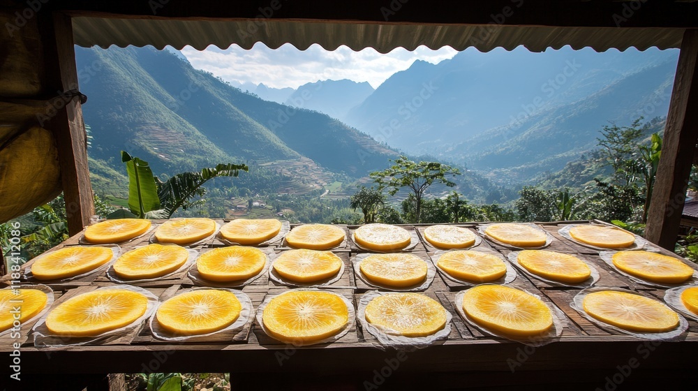 Fototapeta premium Freshly Sliced Citrus Fruits on Wooden Table with Scenic Mountain View