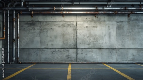 Industrial pipe wall in concrete garage offers a modern grungy backdrop