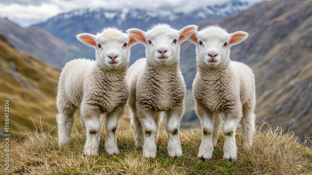 Three Adorable Lambs Standing on Grass with Mountain Background Three Adorable Lambs Standing on Grass with Mountain Background