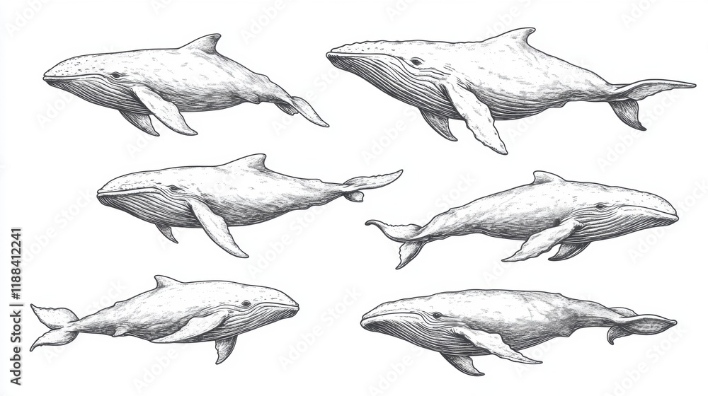 Artistic Sketch of Six Different Whale Species in Black and White Artistic Sketch of Six Different Whale Species in Black and White