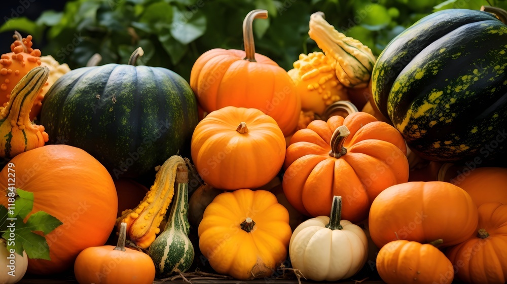 Obraz premium Vibrant arrangement of freshly harvested orange pumpkins and squash set against a natural rustic backdrop This bountiful display captures the essence of the autumn harvest season in a cozy