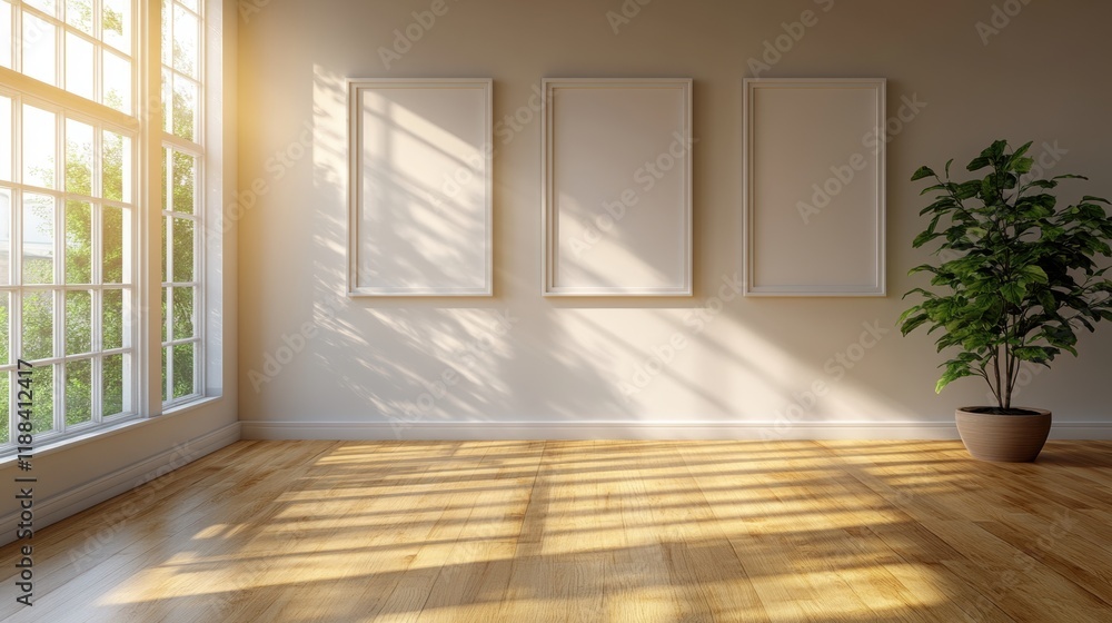 Obraz premium Bright and Inviting Interior with Empty Frames and Indoor Plant