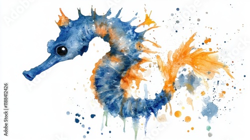 Colorful Watercolor Seahorse with Vibrant Splashes and Details photo