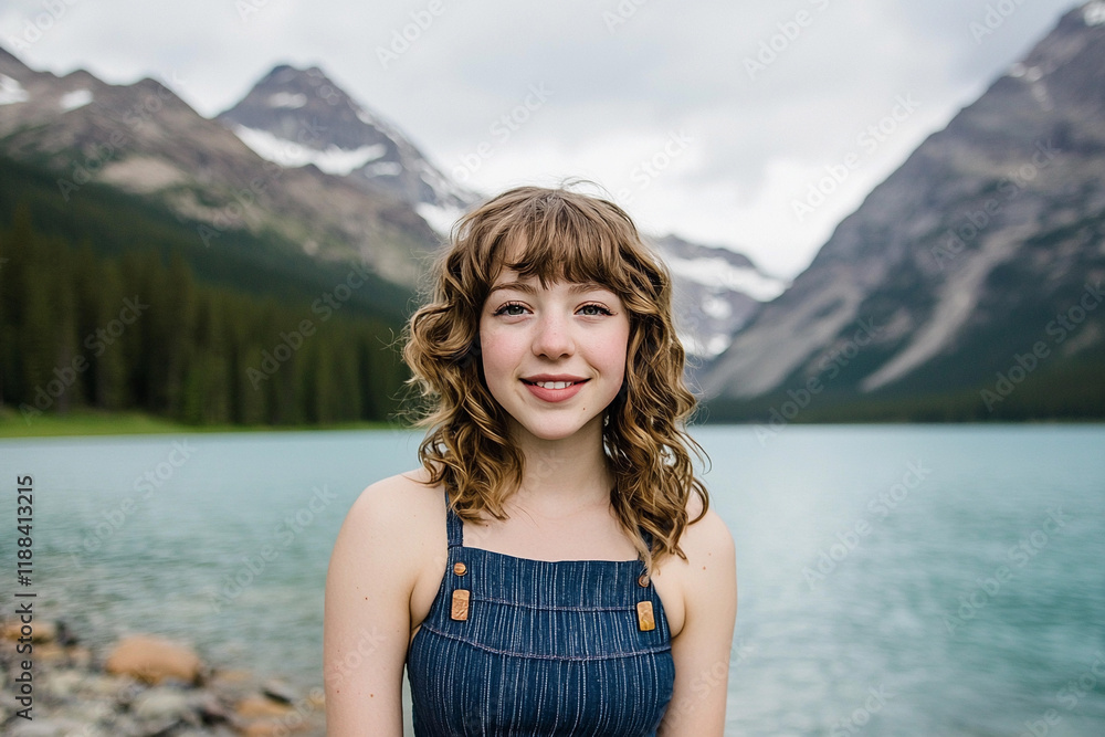 Natural beauty of a woman by a serene lake Natural beauty of a woman by a serene lake