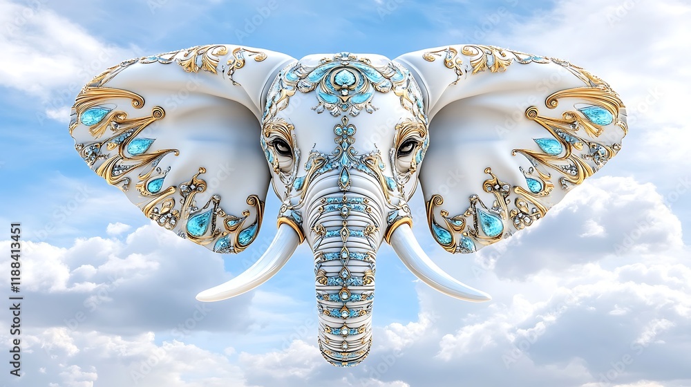 Obraz premium Ornate White Elephant with Blue Gems Majestic Sky Background