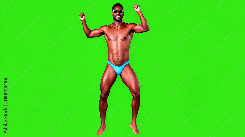 Victorious Celebration: A powerful, muscular man in a bright blue swimsuit throws his arms in the air, radiating a jubilant spirit of triumph. Victorious Celebration: A powerful, muscular man in a bright blue swimsuit throws his arms in the air, radiating a jubilant spirit of triumph.