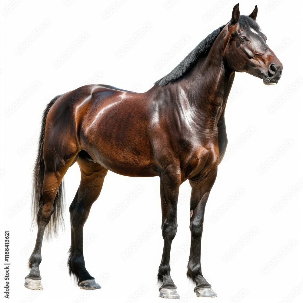 Obraz premium Studio shot of a muscular bay horse exuding strength and elegance against a clean white backdrop