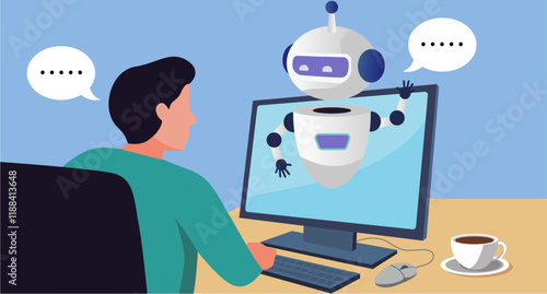 futuristic concept man talking ai chatbot computer screen artificial intelligence robot assistant online customer support vector illustration