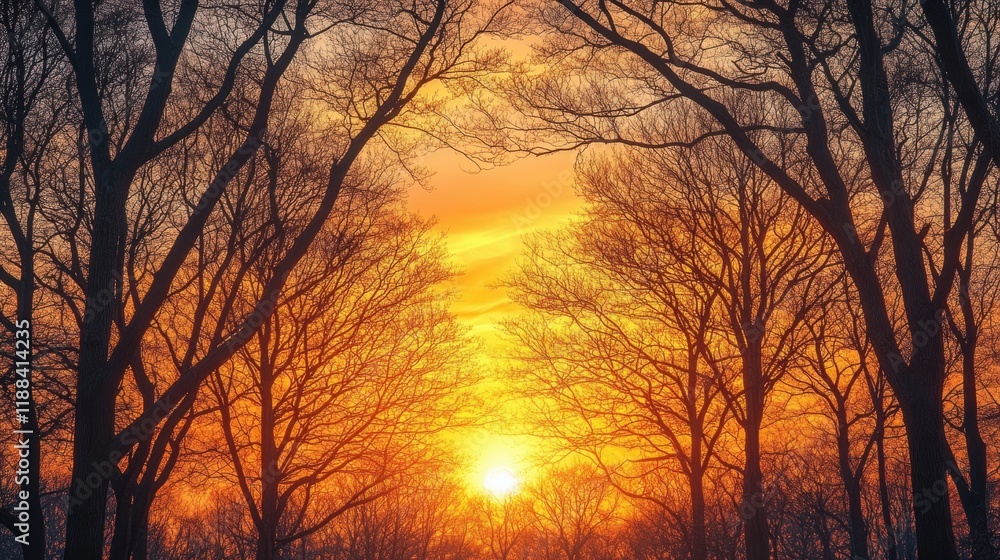 Serene Sunset Through Bare Trees in a Tranquil Landscape Scene Serene Sunset Through Bare Trees in a Tranquil Landscape Scene