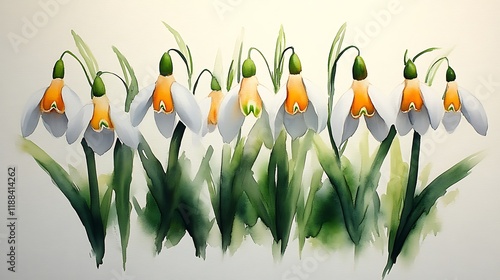 Watercolor Painting of Seven Spring Snowdrops photo