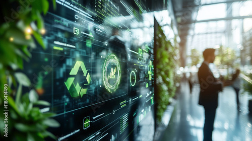 Ai-generated eco-friendly project presentation by corporate leaders in modern office environment