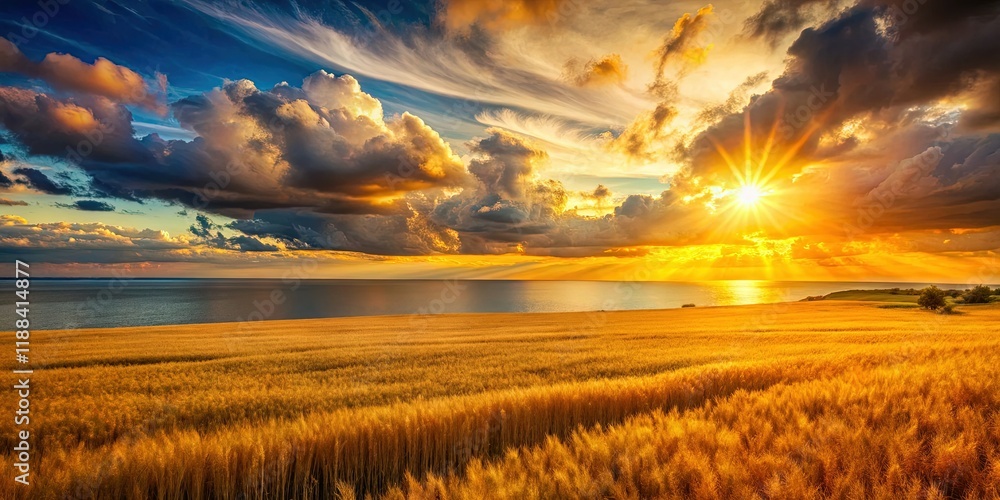 Obraz premium Stunning Sunset over Golden Field and Calm Sea - Landscape Photography