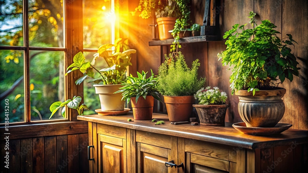 Fototapeta premium Sunlight Illuminates Wooden Cabinet with Indoor Plants