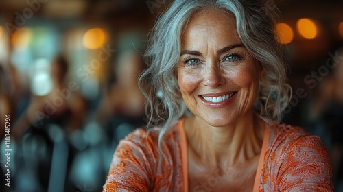 Wallpaper Mural A smiling older woman in a fitness setting, exuding positivity and wellness among others in the background. Torontodigital.ca
