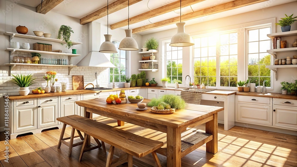 Sunlit Rustic Wooden Table in Bright Farmhouse Kitchen - Stock Photo Sunlit Rustic Wooden Table in Bright Farmhouse Kitchen - Stock Photo