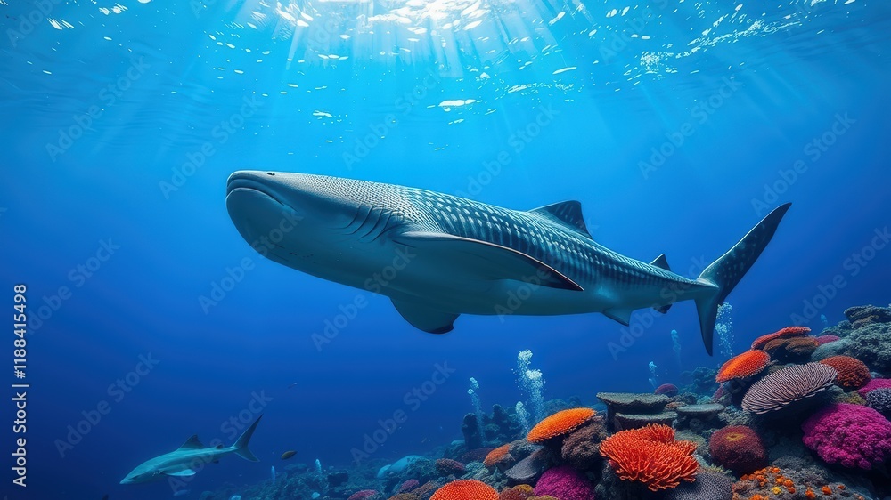 Fototapeta premium A dynamic underwater world with a whale shark coral reef and glowing sunlight beams.
