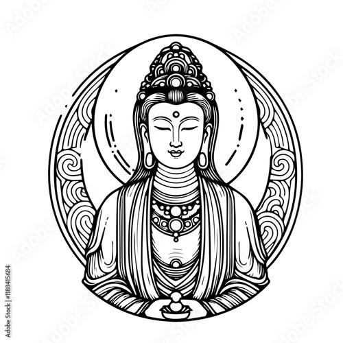 Serene Guan Yin: A detailed line art illustration of Guan Yin, the Bodhisattva of Compassion, encircled by an ornate mandala. Her serene expression and elegant posture evoke peace and tranquility.