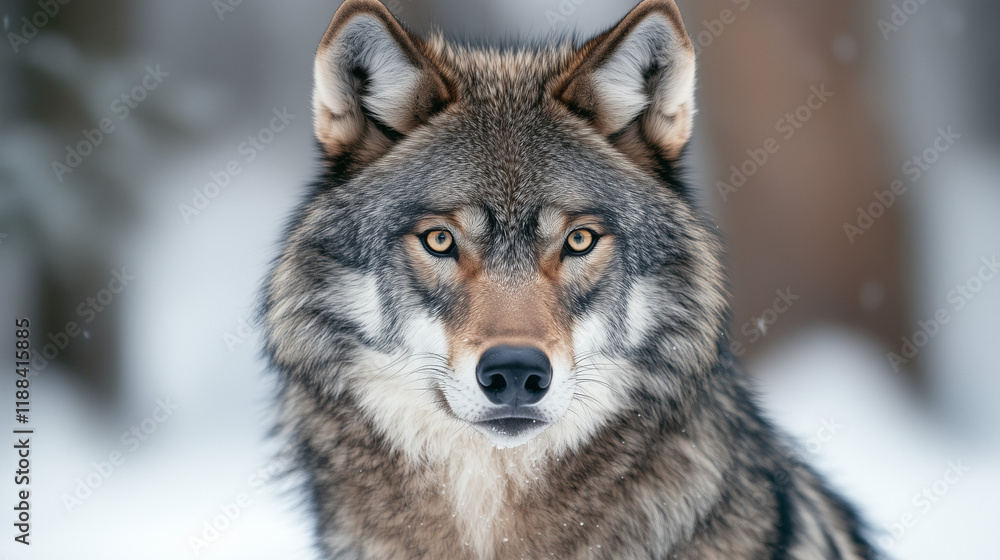 A portrait of a grey wolf with a piercing gaze on a white winter background A portrait of a grey wolf with a piercing gaze on a white winter background