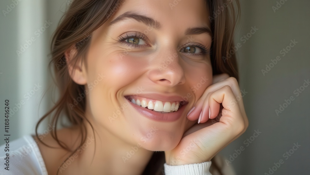 Close-up portrait of a smiling woman with healthy skin and bright teeth. Close-up portrait of a smiling woman with healthy skin and bright teeth.