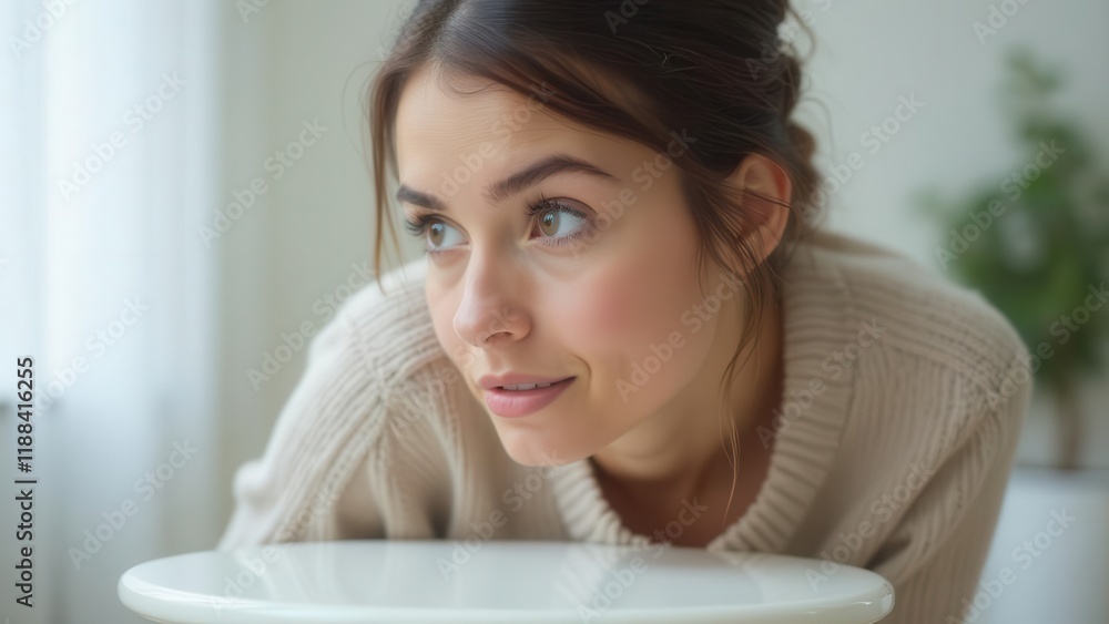 Young woman looking up, curious expression. Young woman looking up, curious expression.