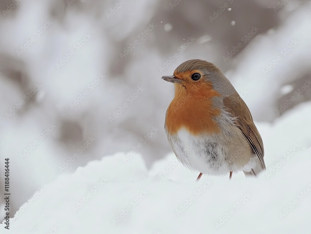 European Robin in Winter Snow, Bird in Snowy Forest.