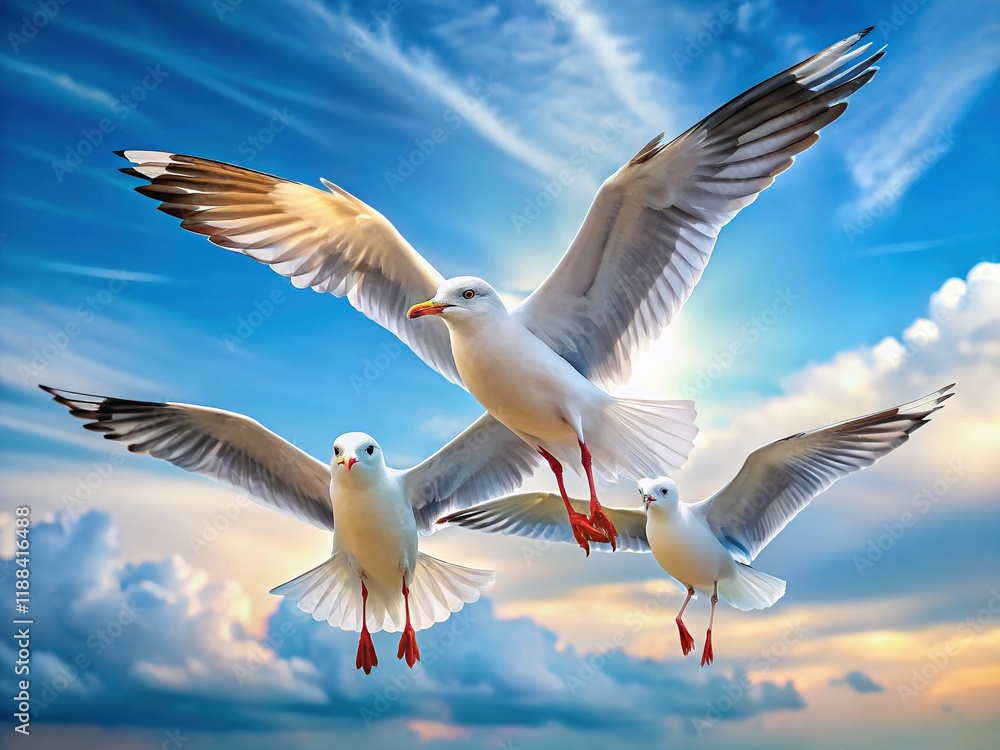 Fototapeta premium Three Graceful Seagulls in Flight, Soft Blue Sky, Coastal Scene, Nature Photography